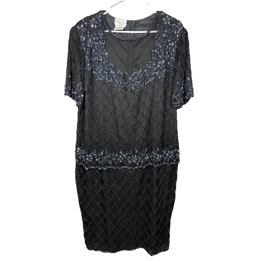 Stenay Woman Elegant Black Silk Beaded Evening Dress Mother Of Bride Size 18 Lux